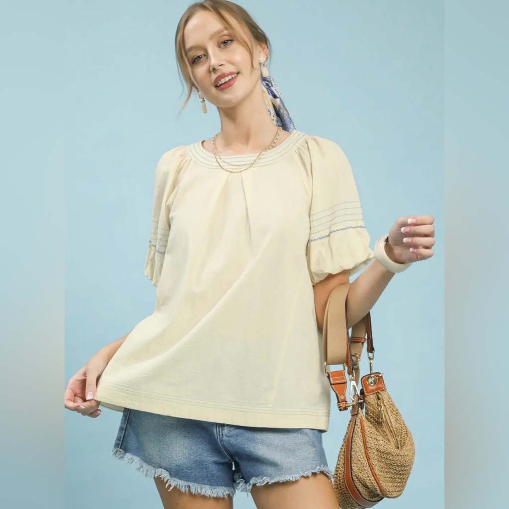 Umgee Round Neck Puff Sleeve Top With Contrast Stitch Detail